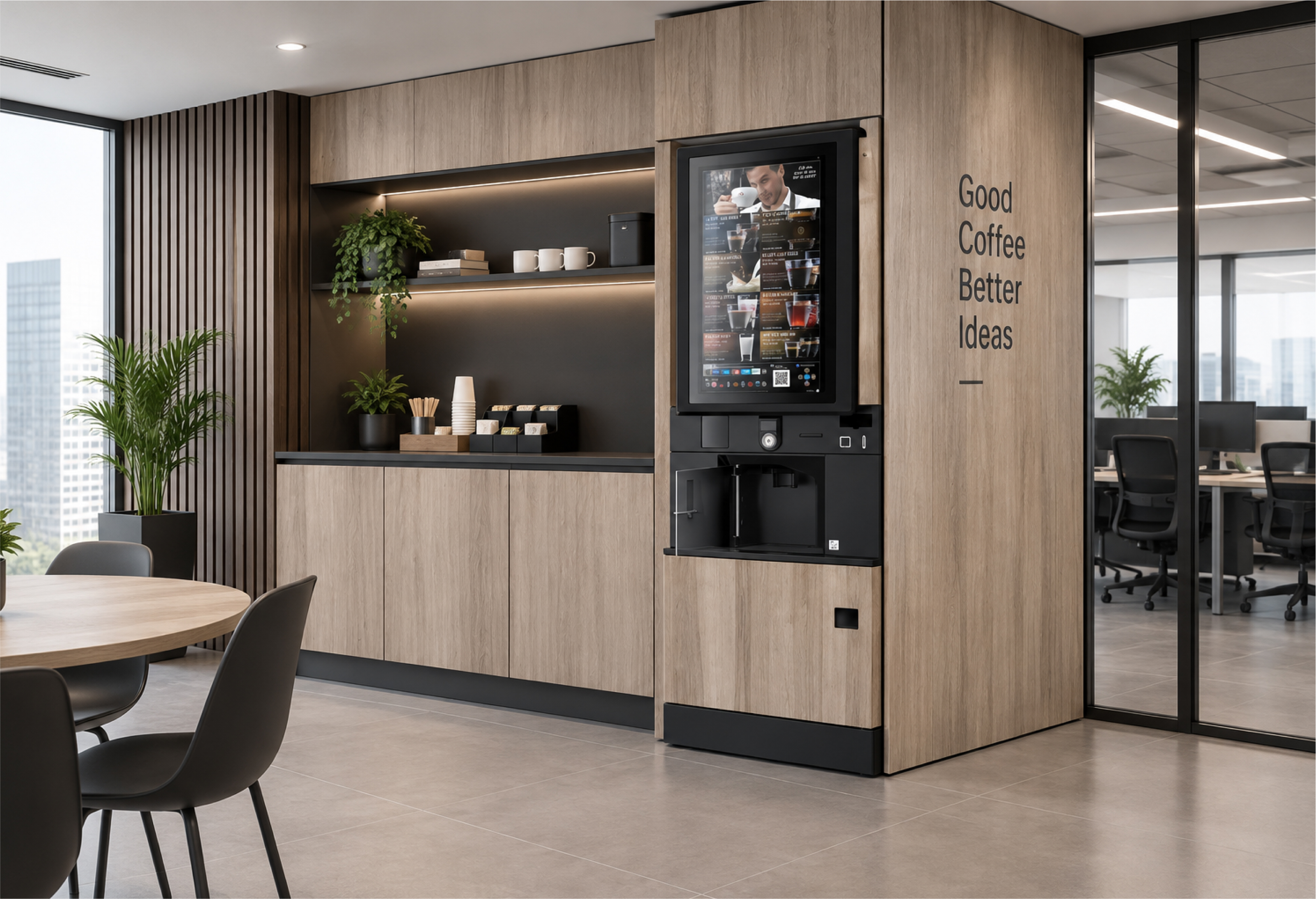 Máquina de vending en oficina, ambiente premium